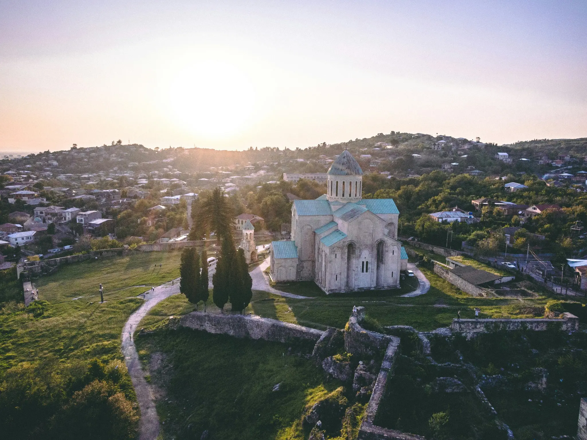 Bagrati Cathedral and Kutaisi cityscape at sunset in Georgia